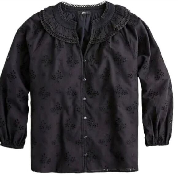 Jcrew not Factory Black cotton Button-front black eyelet peasant Lined Blouse S - Picture 2 of 7